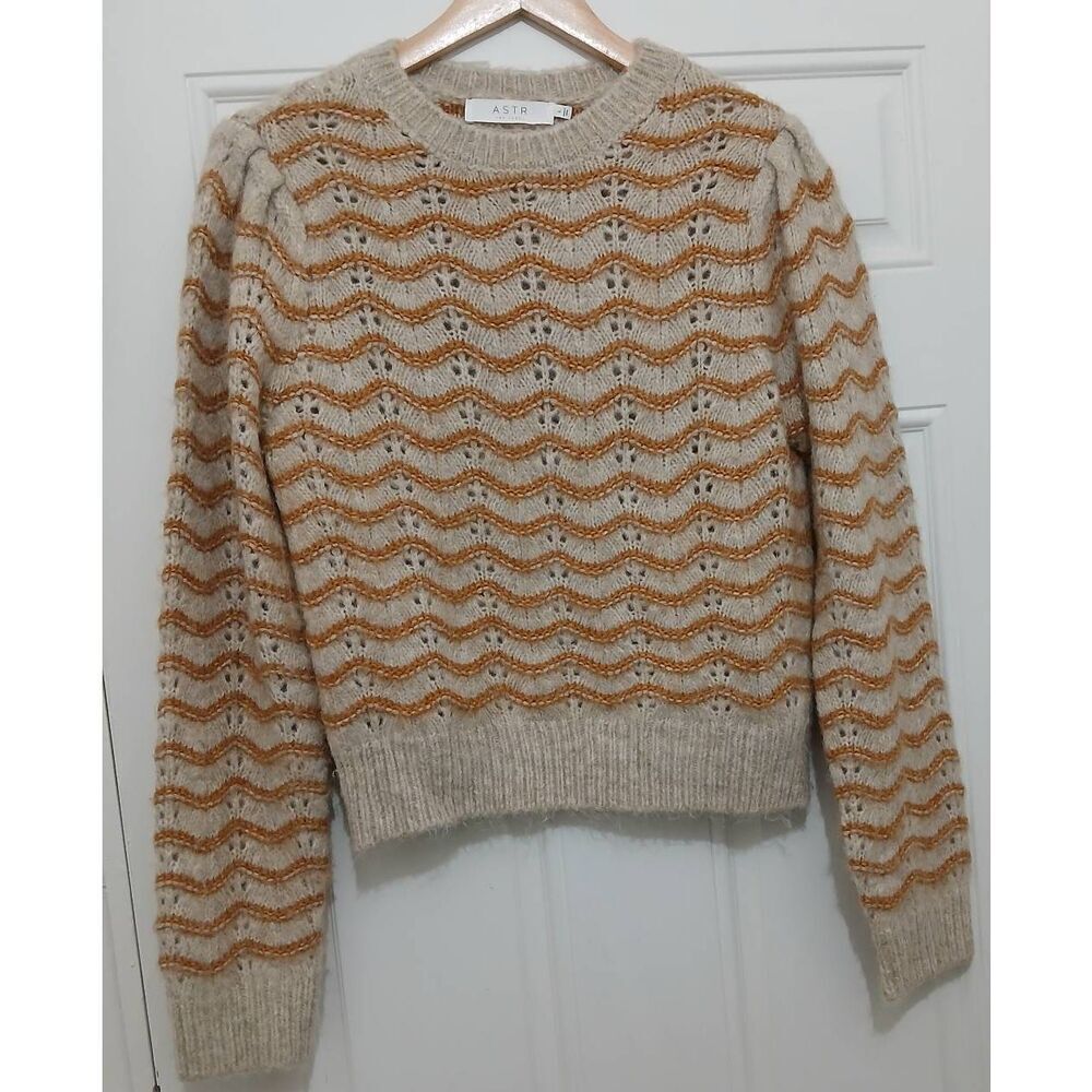 Anthropologie Astr womens large puffer sleeve sweater alpaca mustard tan